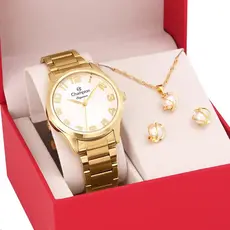 Kit Relogio Feminino com Semijoias Colar e Brincos Champion Dourado Presente Mulheres Esposa Namorada