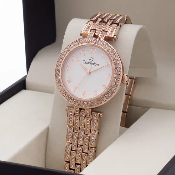 Relógio Feminino Champion Rose Gold Pedrarias Luxo Original Fundo Branco CF25152Z