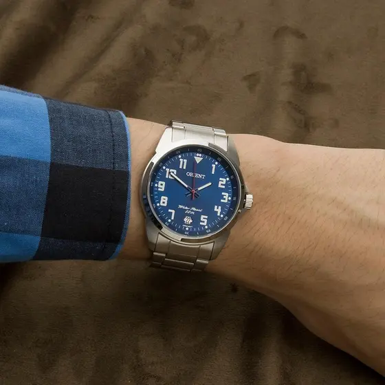 Relogio Masculino Orient Prata Fundo Azul Original MBSS1154A D2SX