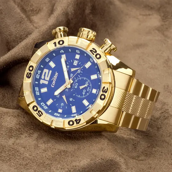 Relogio Masculino Dourado Condor Fundo Azul Robusto  Presente Aniversário Homem Esposo Marido Original
