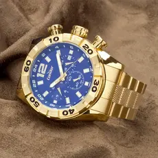 Relogio Masculino Dourado Condor Fundo Azul Robusto  Presente Aniversário Homem Esposo Marido Original