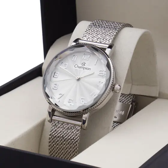 Relógio Prata Feminino Champion Original Linha Luxo Pulseira Leve Mesh CF24153Q