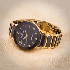 Relogio Feminino Champion Ceramica Preto com Dourado Luxo Vidro Safira Original CA21866U