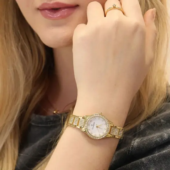 Relogio Pequeno Feminino Champion Dourado Com Pedras Cravejadas Linha Luxo Original CF25278H