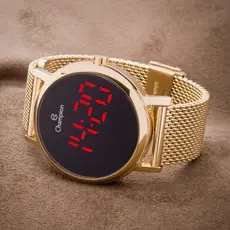 Relogio Feminino Digital Dourado Champion Led Vermelho Pulseira Leve Original Presente Mulher Esposa Namorada