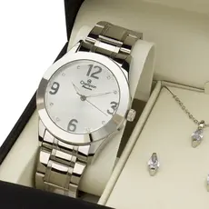 Relogio Feminino Champion Prata com Colar e Brincos Original CH24268B