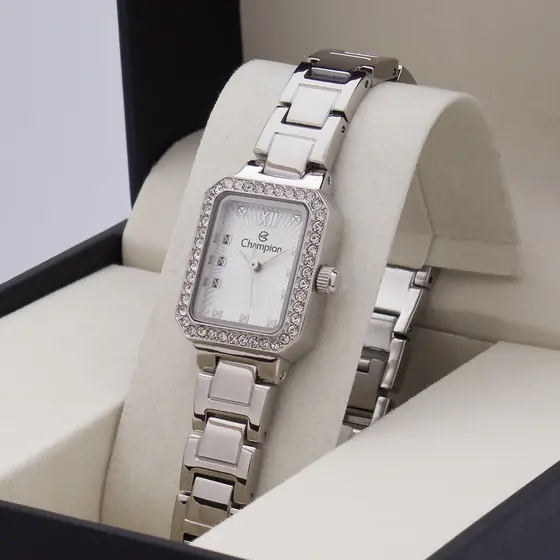 Relogio Feminino Champion Prata Pequeno Retangular Linha Luxo Original