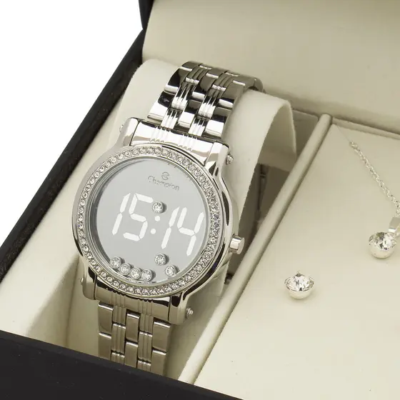 Relógio Digital Prata Feminino Champion Strass Led Original CH48055S