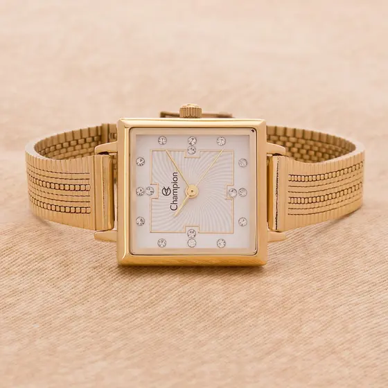 Relógio Feminino Dourado Pequeno Champion Quadrado Original CF24180H