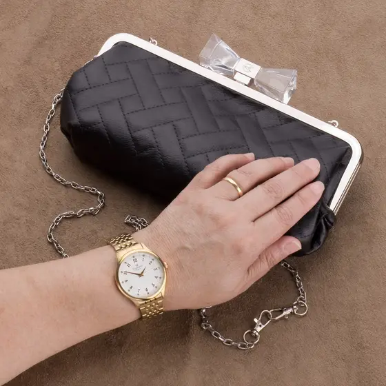 Relógio Champion Feminino Analógico Dourado + Bolsa Preta Original À Prova D'Água Presente Aniversário Namorada Mulher