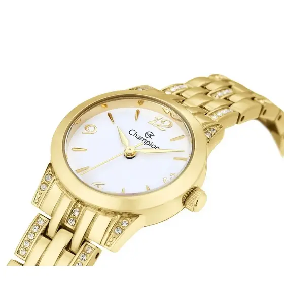 Relógio Pequeno Feminino Champion Dourado Fundo Branco Com Pedrarias Original CF24537H