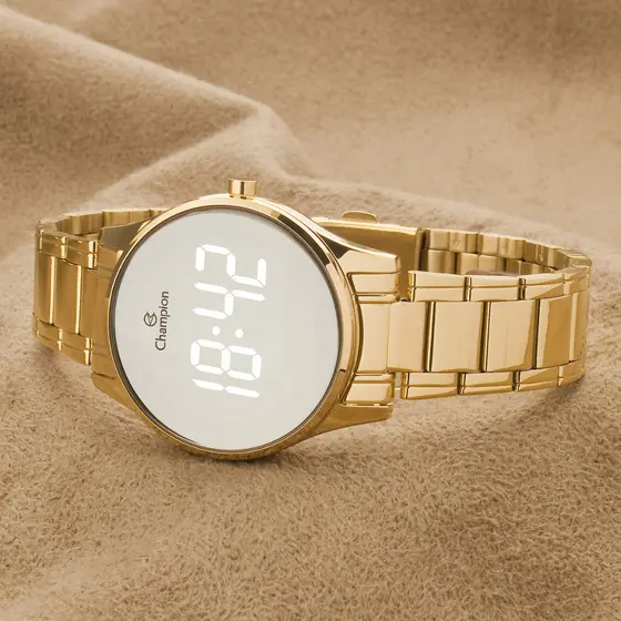 Relógio Digital Dourado Feminino Champion Espelhado Kit Colar e Brincos