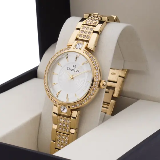 Relógio Feminino Champion Dourado Original Cristal com Pedras CF25054H Presente Mulher Namorada