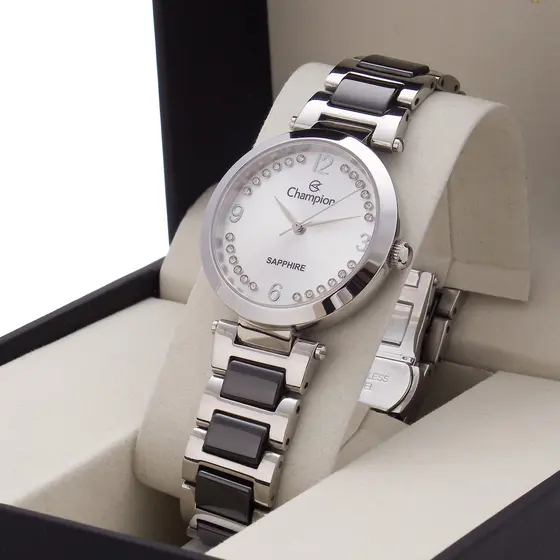 Relógio Feminino Ceramica Prata Champion Original Luxo Vidro Safira CS28530Q