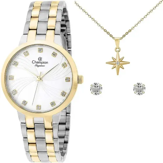 Relógio Feminino Champion Prata com Dourado Original CN24084B Com Pedras Kit Colar e Brincos Presente Mulheres