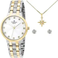 Relógio Feminino Champion Prata com Dourado Original CN24084B Com Pedras Kit Colar e Brincos Presente Mulheres