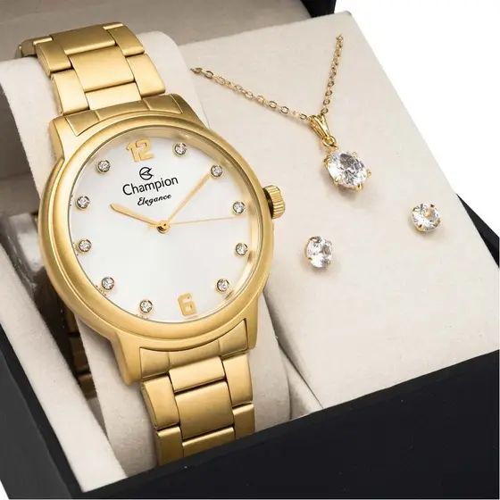 Relógio Dourado Fosco Champion Feminino Kit Colar e Brincos Original CN28437W