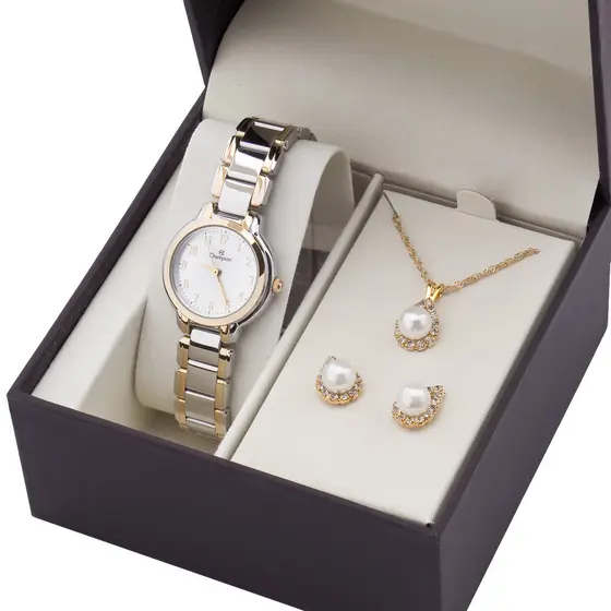 Relógio Feminino Pequeno Champion Prata e Dourado Bicolor CN24959C Kit Colar e Brincos Original