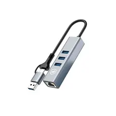 Gshield 2 em 1 Hub USB-C + USB-A e Adaptador de Rede Ethernet LAN RJ45 com 3 Entradas USB 3.0 para Computador e Notebook