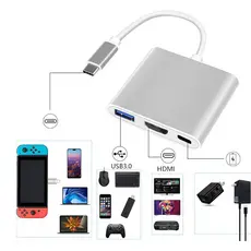 Adaptador HUB 3 em 1 Entrada Tipo C - Tipo C / HDMI / USB-A 3.0 - Type C - Verde