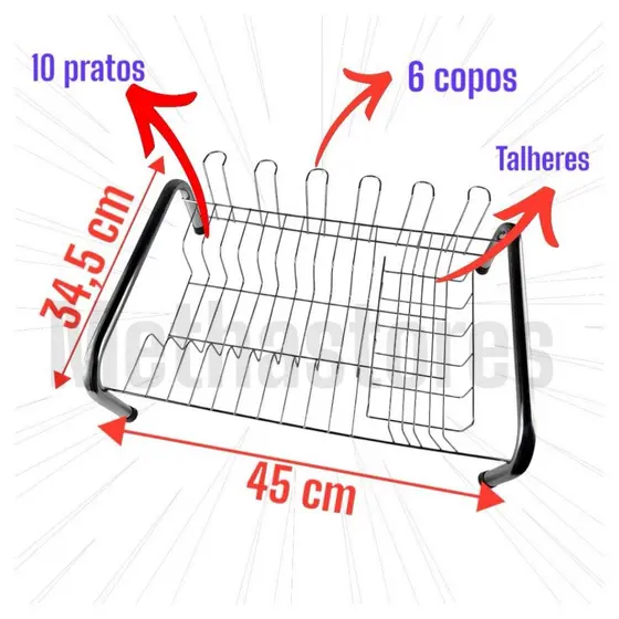 Escorredor de louças para 10 pratos e 6 copos mais talheres aço Resistente, cromado ,Branco e Preto