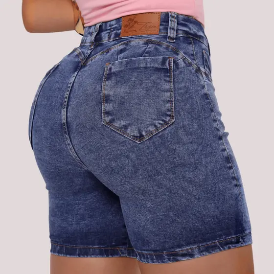 Short Meia Coxa Com Elastano Jeans Feminino Com Lycra Cintura Alta Premium