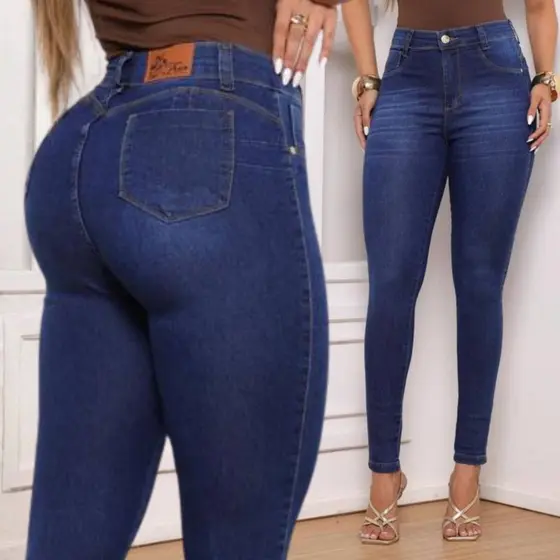 Calça Feminina Skinny Escura Com Elastano Cintura Alta Levanta bumbum
