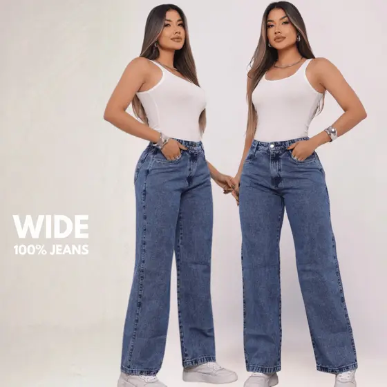 Calça Wid Leg Jeans MARMORIZADA Cintura Alta Pantalona