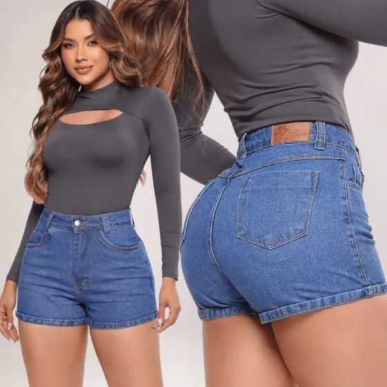 Shorts Jeans Feminino Sem Elastano 100% Algodão Claro Liso Com Barra Cintura Alta Marmorizado