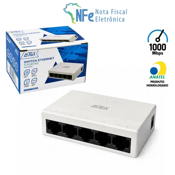 Switch 5 Portas Rede Rj45 Gigabit 10/100/1000 Mbps Ethernet Hub Bivolt Homologado Anatel MDI MDI-X Compacto Aitek