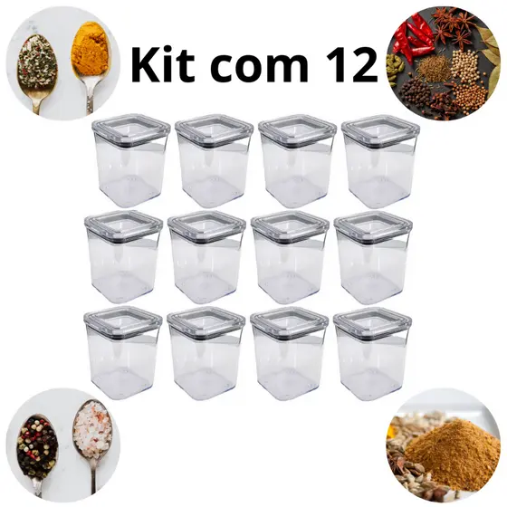 Porta tempero hermético acrílico jogo com 12 de 200ml empilhável + BRINDE