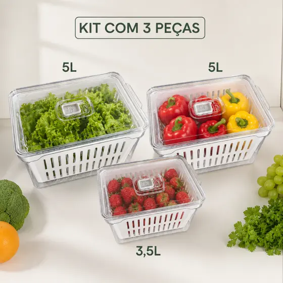 Kit Completo de Organizadores para Geladeira – 2 Unidades 5L + 1 Unidade 3,5L Acrílico