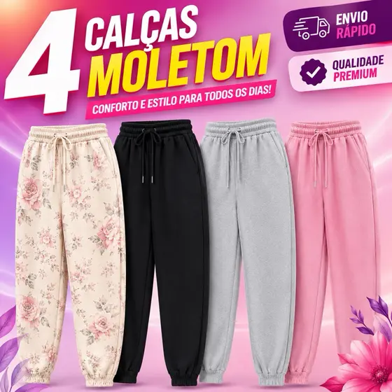 Kit 4 Calças Moletom Infantil Peluciado Unissex | Menina Menino C/ Punho