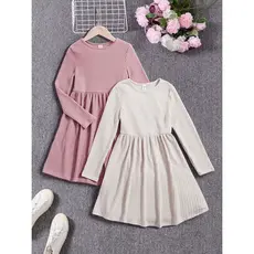Vestido Infantil Manga Longa Canelado Algodão Confortável Menina 1 ao 12 Anos Casual e Inverno