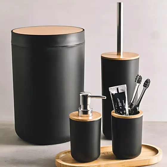 Kit Banheiro Preto com Bambu 4 Peças Lixeira Saboneteira Moderno