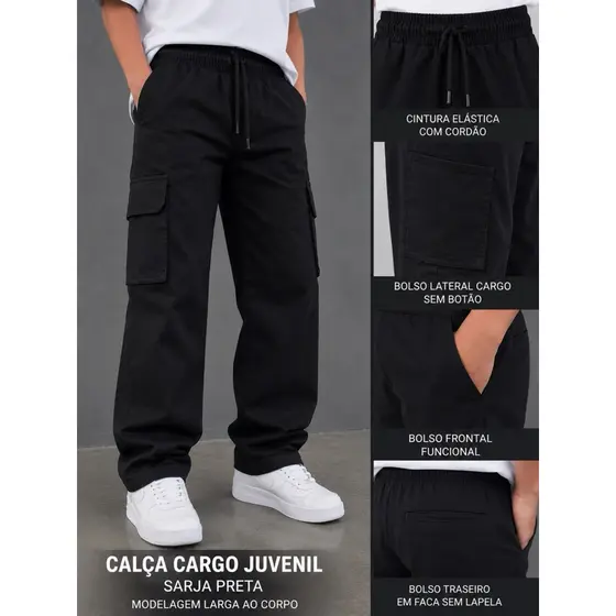 Calça Cargo Infantil Juvenil – Jeans e Sarja, 6 Bolsos, Diversas Cores Estilo Skate