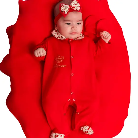 Saida de Maternidade  Menina com Bordado de Princesa Rosa e Vermelho  05 peças Roupa de Bebe