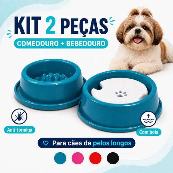 Bebedouro Cachorro Pelos Longos Comedouro Antiformiga 1 Comedouro e 1 Bebedouro Shihtzu Lhasa Maltês