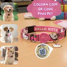 Coleira para Cachorro Hello Kitty com Plaquinha QR Code Identificação Pet