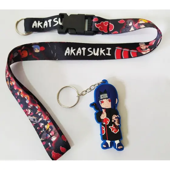 Kit Chaveiro Cordão Moto Pescoço Fecho Engate Rápido Crachá Akatsuki + Chaveiro Emborrachado Alto Relevo Personagens