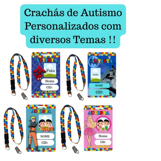 Kit Crachá Identificação Personalizado Autismo Autista Personagens Diversos + Cordão quebra-cabeça + Jacaré
