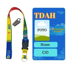 Kit Cartão Crachá Polímero Identificação Personalizado TDAH + Cordão TDAH + Jacaré