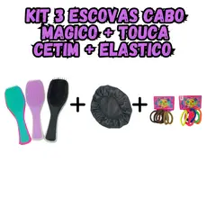 Kit 3 Escovas de Cabelo Cabo Magico + Touca de Cetim + Elástico de Cabelo