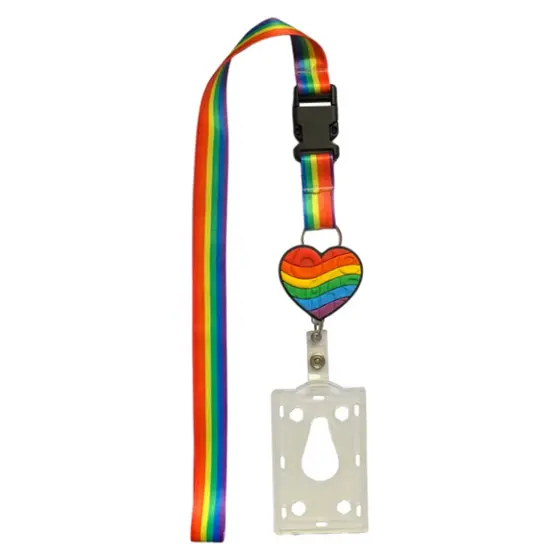 Kit Cordão Arco-Íris LGBT com Fecho Engate Rápido + Porta Crachá Retrátil Coração Love + Porta Cartão Transparente