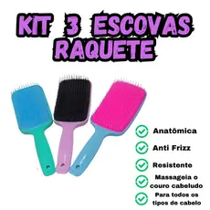 Kit 3 Escovas De Cabelo Raquete Curvada Anti Frizz