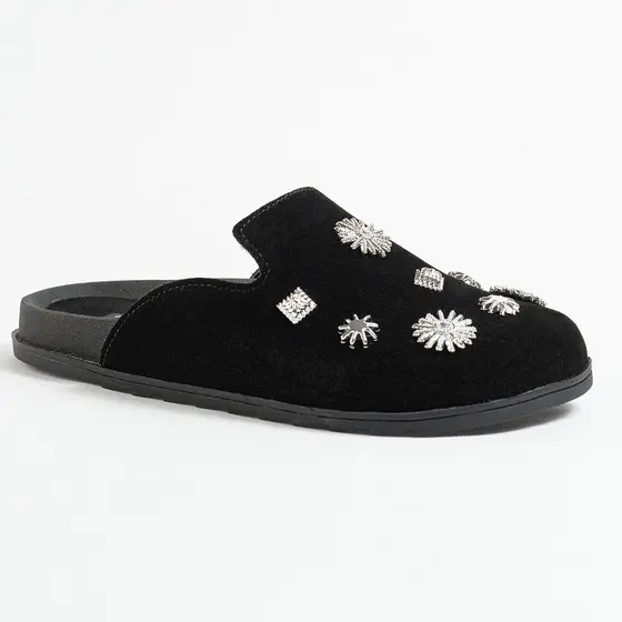 Clog Mule Feminino Camurça com Apliques Brilhantes Casual Leve Estiloso Moderno