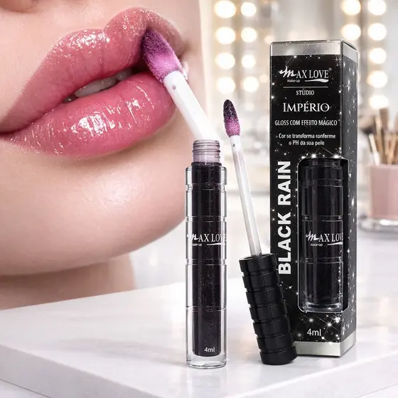 Gloss Mágico Black Rain Max Love - Preto que Muda de Cor, Hidrata e Realça os Lábios