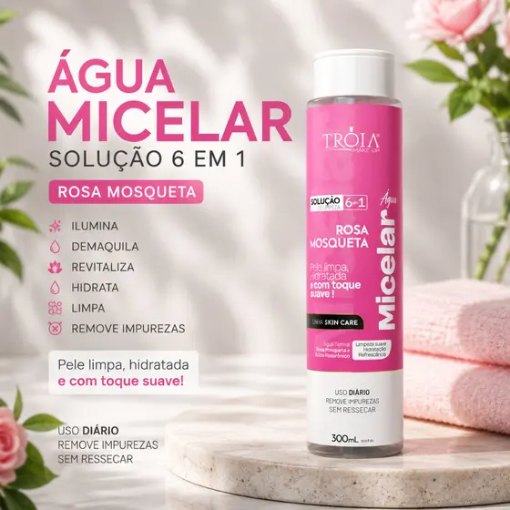Água Micelar Rosa Mosqueta 6 Em 1 Demaquilante 300ml - Tróia Make Up