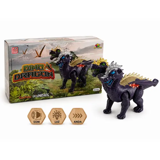 Brinquedo Dragão Dinossauro 2 Cabeças Anda Com Luz e Som A Pilha