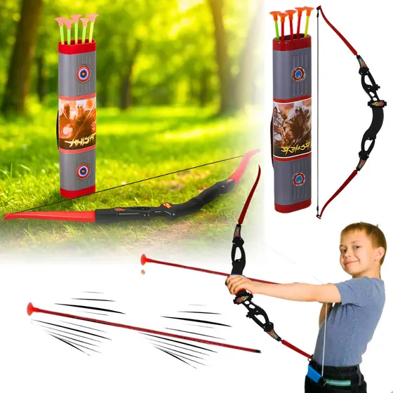 Arco E Flecha Infantil Com Bolsa Aljava Brinquedo Lançador + Dardos Ventosa
